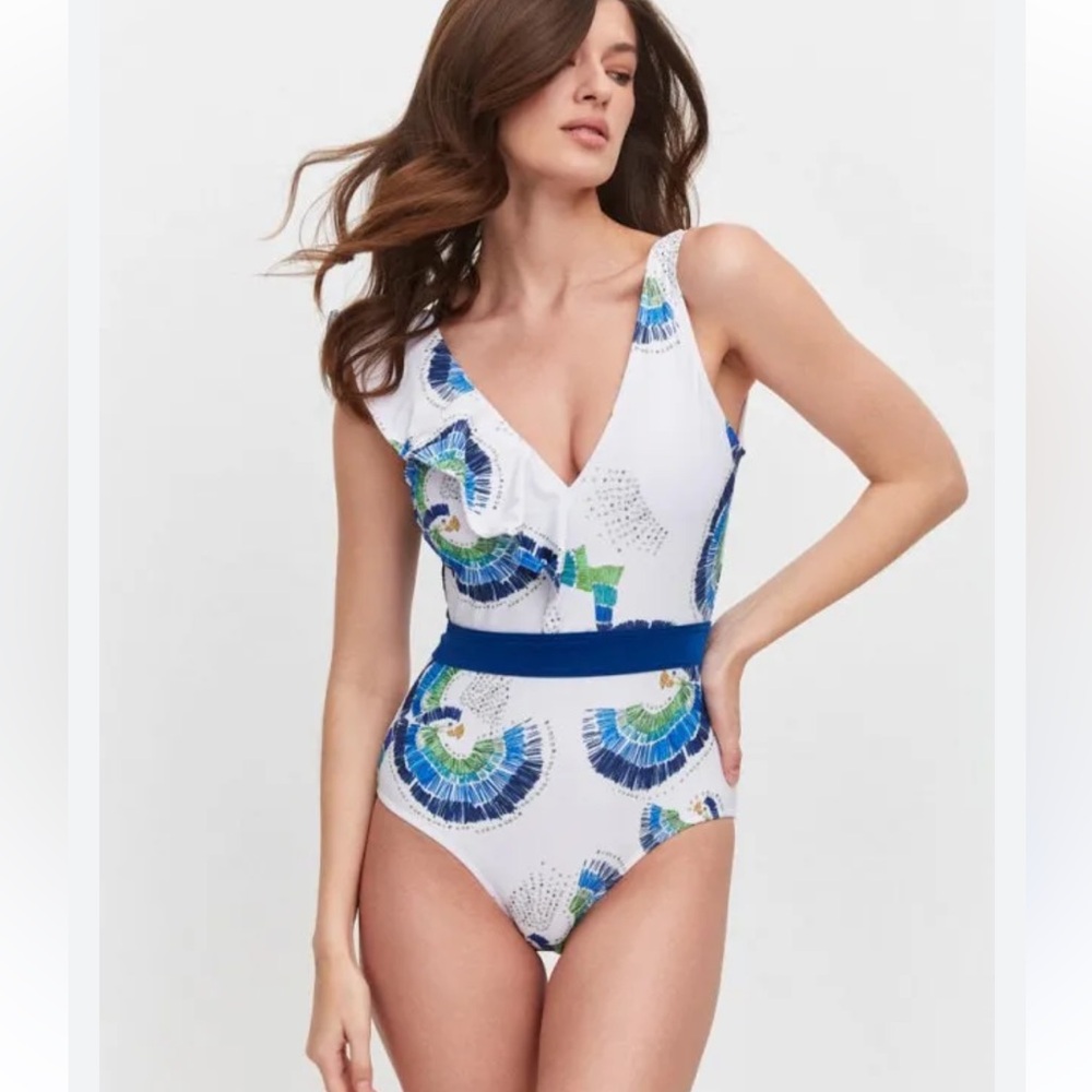 Ruffle one shoulder vibrant blue‎ white Women's Swimsuit with birds